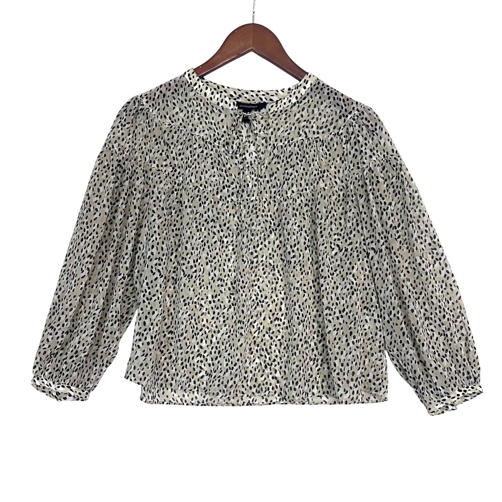 Banana Republic Sheer Animal Print Blouse Dot Tie Neck 3/4 Sleeve Flowy Top P XS